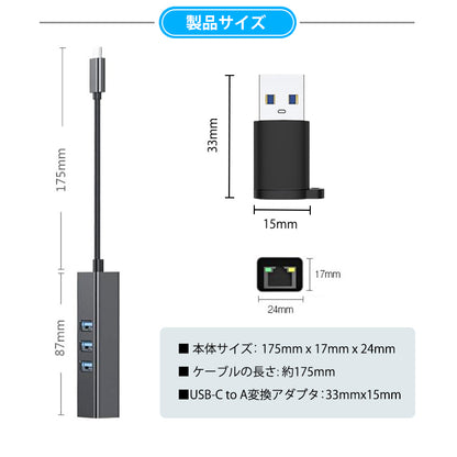 4in1 USB Type-C ハブ 1Gbps LAN SB3.0  USB-A変換アダプタ付 idc2lan3a-a