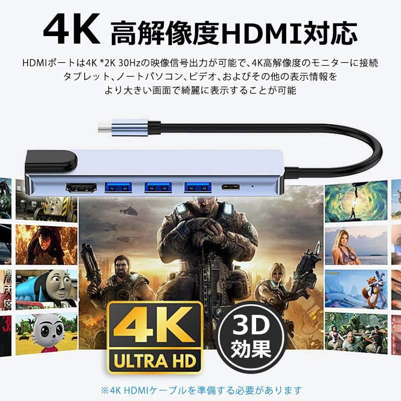 6in1 USB Type-Cハブ 4K HDMI USB3.0 PD対応 LAN ポート byl2007u3