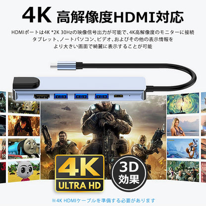 6in1 USB Type-Cハブ 4K HDMI USB3.0 PD対応 LAN ポート byl2007u3